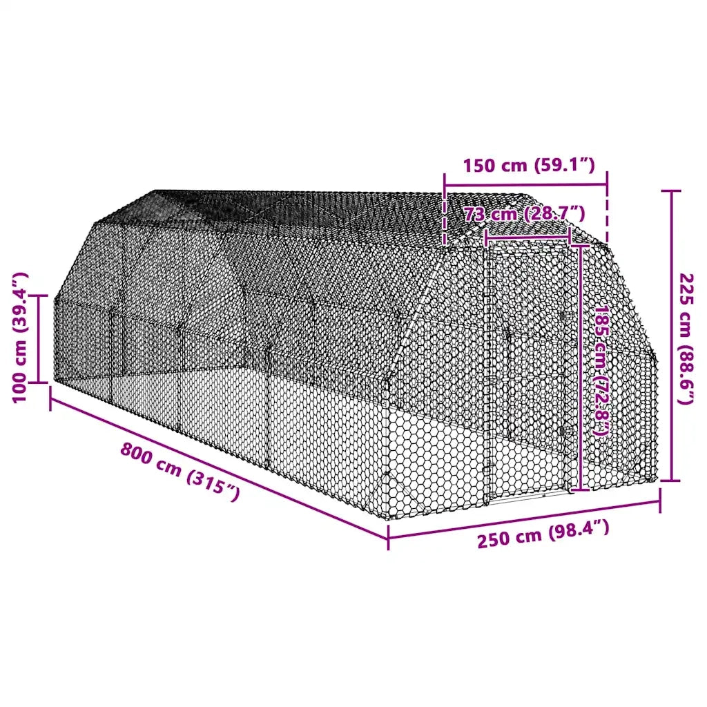 vidaXL Recinto per Polli 2,5x8x2,25 m in Acciaio Zincato