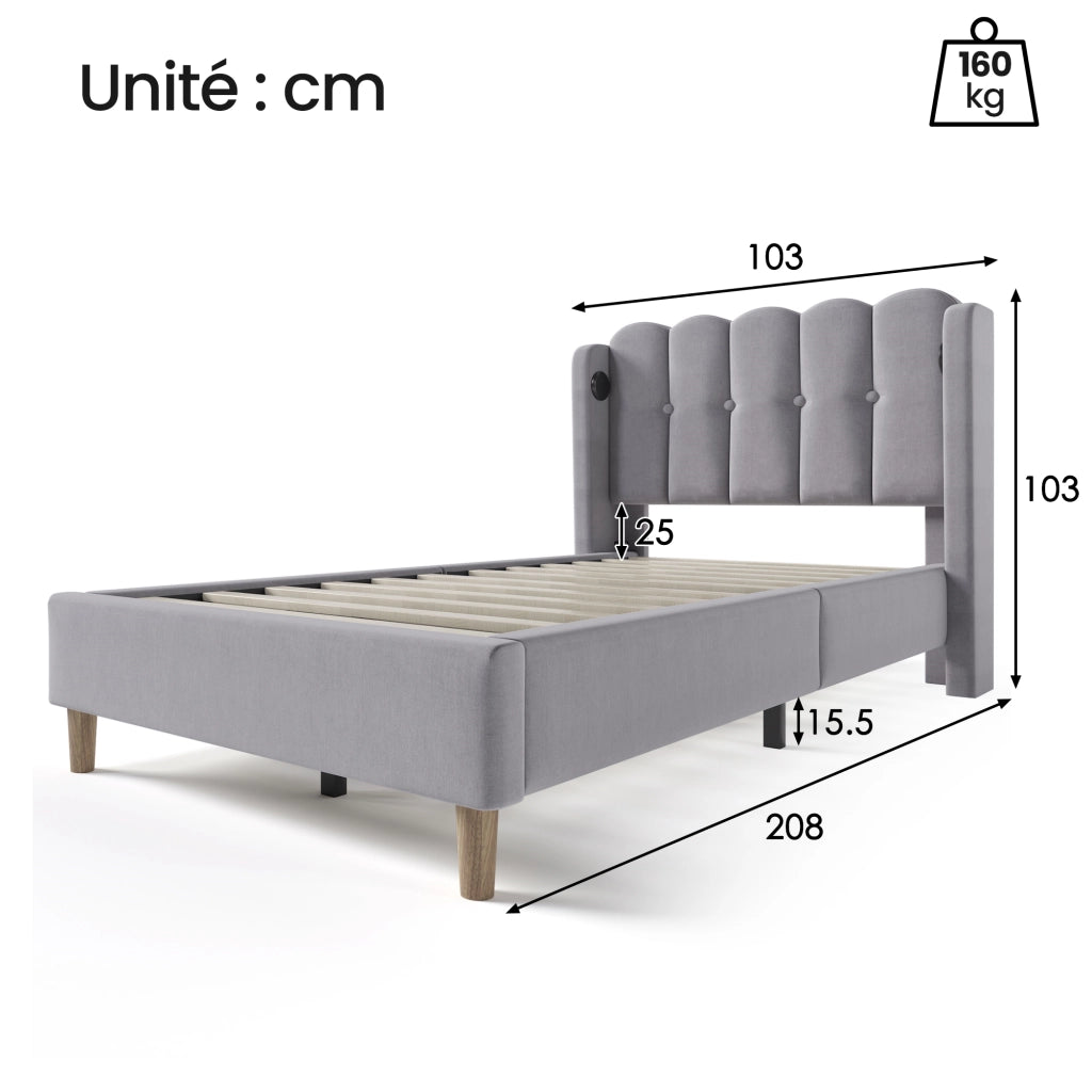 Letto Singolo 90×200 cm; Letto a 1 Piazza con USB; USB-C e Testiera Imbottita; senza Materasso; Lino; Grigio