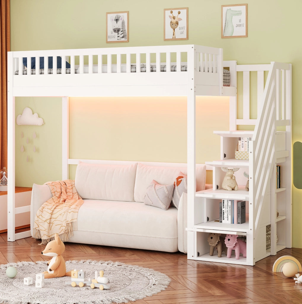 Letto a Castello in Legno di Pino 90x200 cm con Scaletta di Sicurezza e LED, Bianco