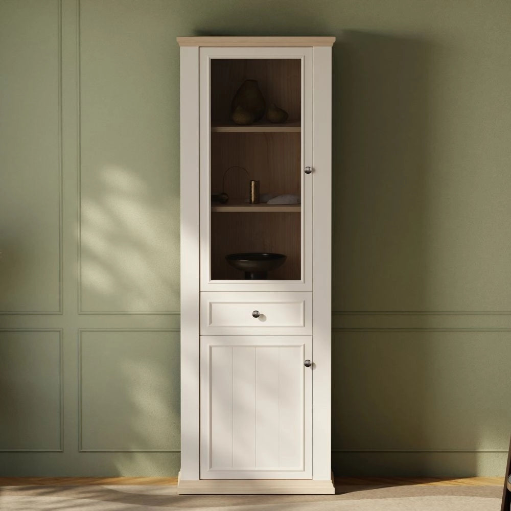 Vetrina Essenza 1 Anta Vetro e 1 Anta con Cassetto Bianco e Rovere 202 cm – Stile Classico