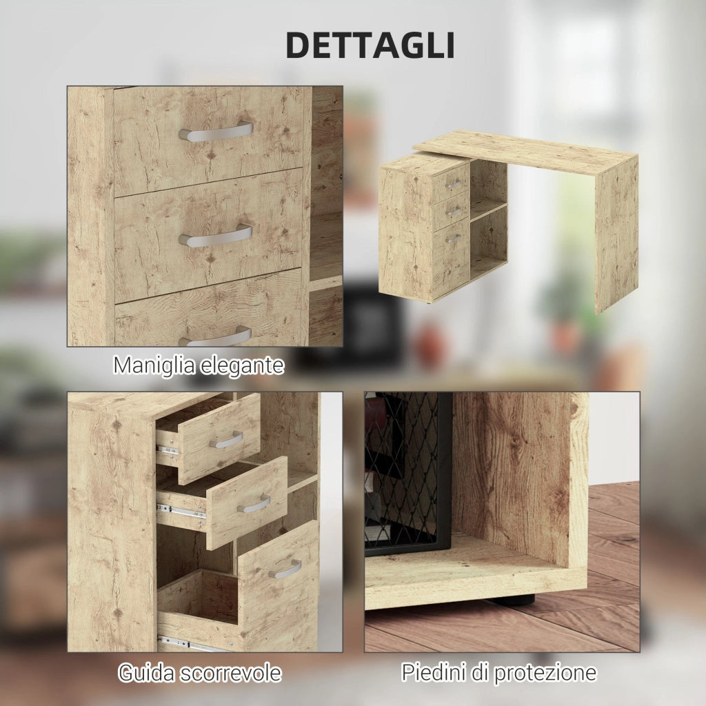 Scrivania da Ufficio Angolare 3 Cassetti e Ripiani Aperti 117x83,5x76 cm in Legno e Metallo Noce