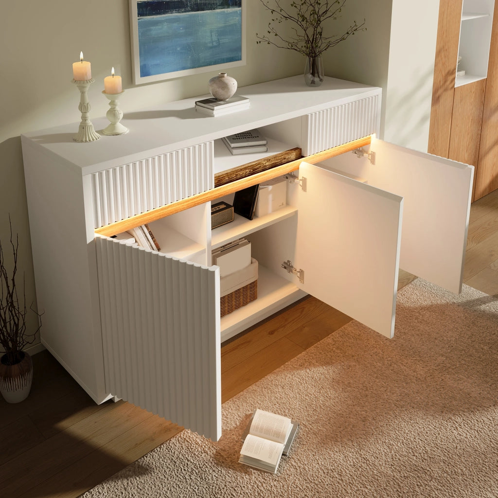 COMÒ bianco 140x40x85 cm con LED, 2 cassetti e 3 ante