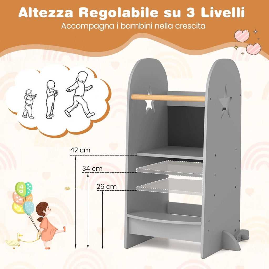 3-in-1 Torre Montessoriana per Bambini Regolabile in Altezza su 3 Livelli, Torre di Apprendimento con Doppia Lavagna, Pedane Alzabimbo con Protezione, per Cucina e Bagno, da 36 Mesi, Grigio