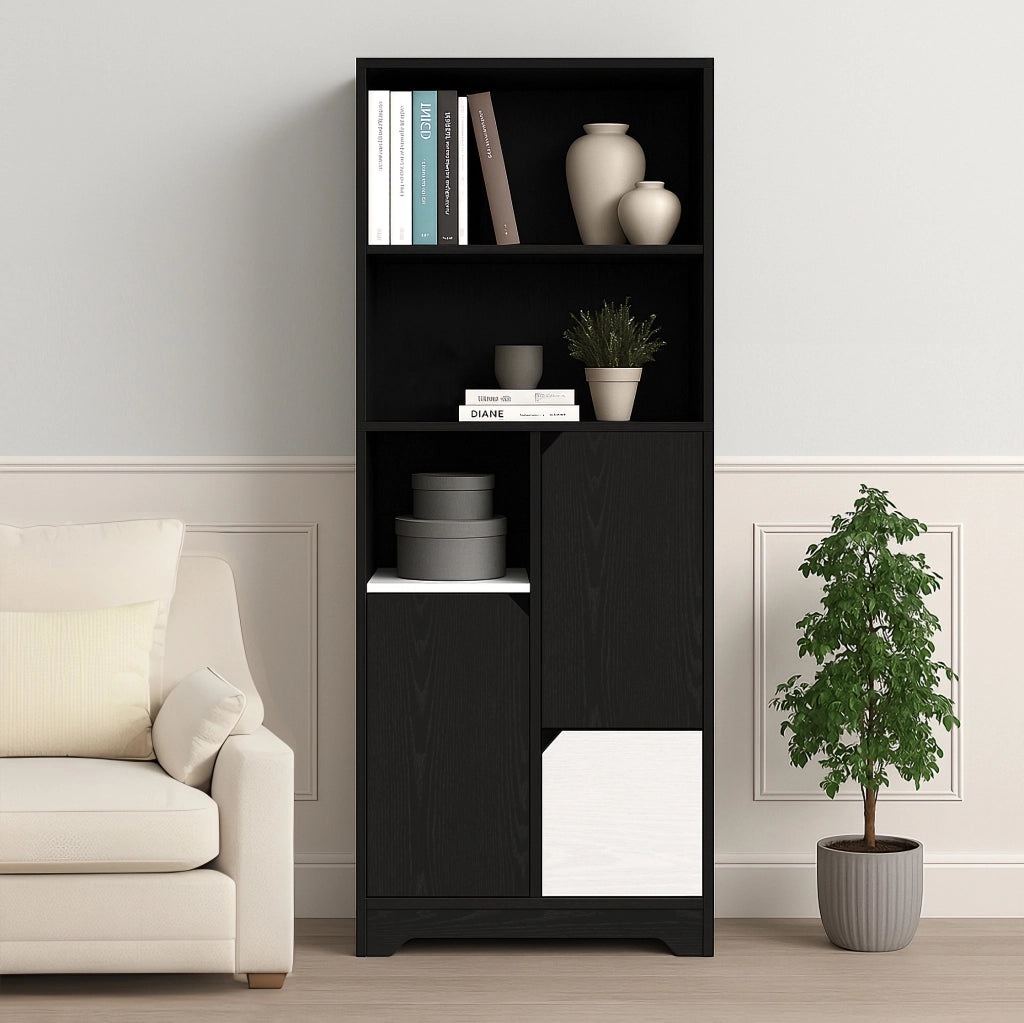Libreria con 2 Vani Aperti; 1 Anta e 2 Cassetti per Soggiorno e Camera; in Pannelli di Particelle; 60 × 35 × 160 cm; Nero