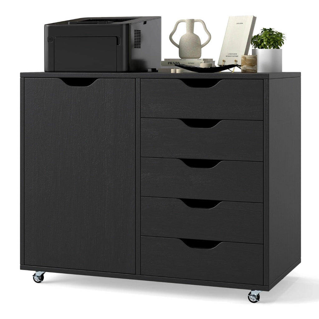 Mobiletto con 5 cassetti e anta per ufficio a casa, Carrello con ripiano regolabile e 5 rotelle Nero