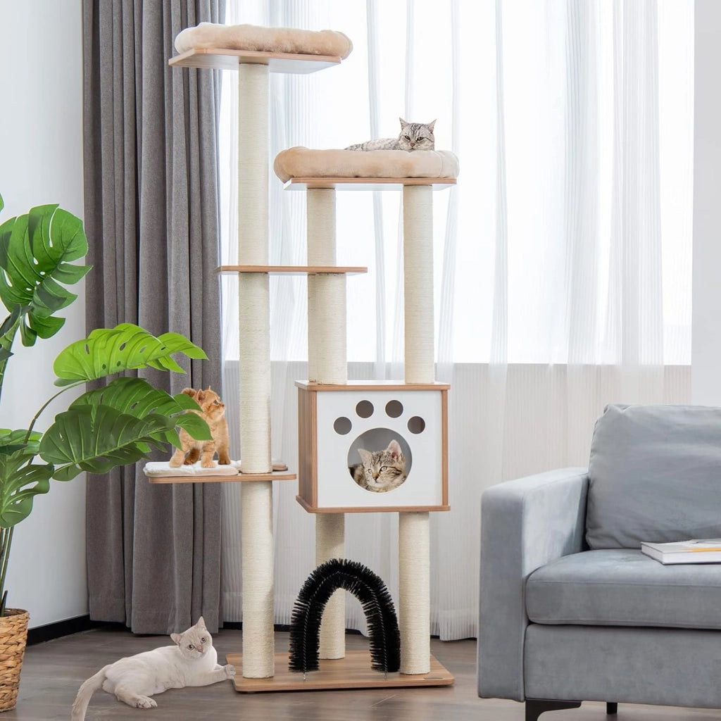 Albero Tiragraffi per Gatti 176 cm, Tiragraffi per Gatti con 2 Trespoli in Tessuto Felpato, Arco Massaggiante, Cuccia Spaziosa, Pali in Sisal e Tapettini Lavabili, Ideale per Gatti Grandi
