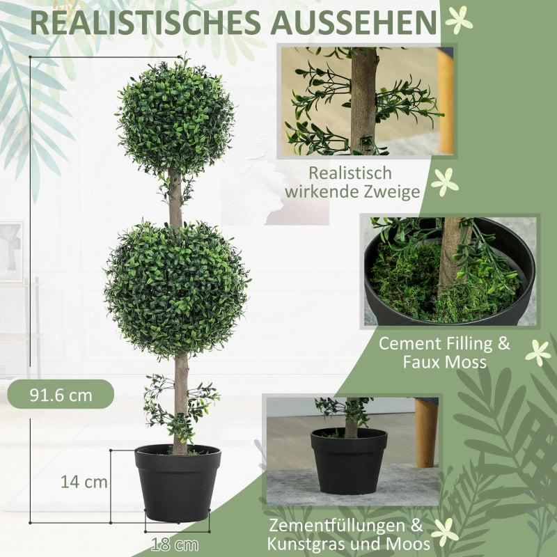 Piante artificiali di bosso sferiche con 2 vasi in plastica verde, 91,4 cm con protezione UV per interno ed esterno