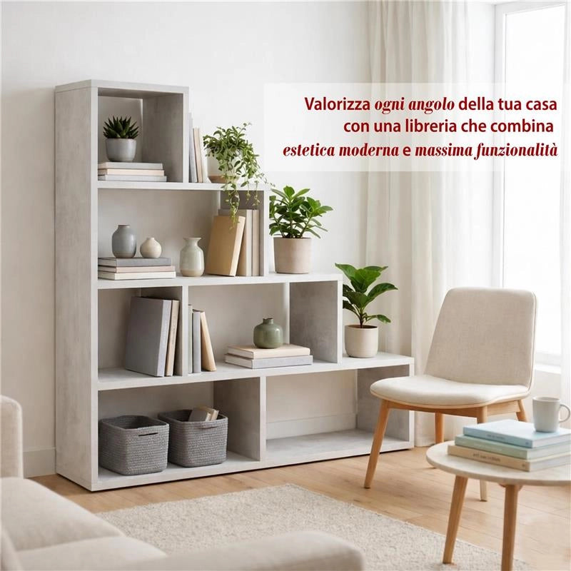 SCAFFALE A LIBRERIA DI DESIGN A SCALA L IN LEGNO DIMENSIONI 144X150X38 CM, COLORE OSSIDO BIANCO