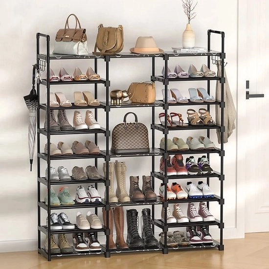 Scaffale per scarpe 9 livelli, ripiano per scarpe da appendere, cassettone per scarpe in legno con ganci per appendere 

Livello di capacità: 9 livelli
Materiali: legno
Dimensioni: non specificato
Modello: non specificato