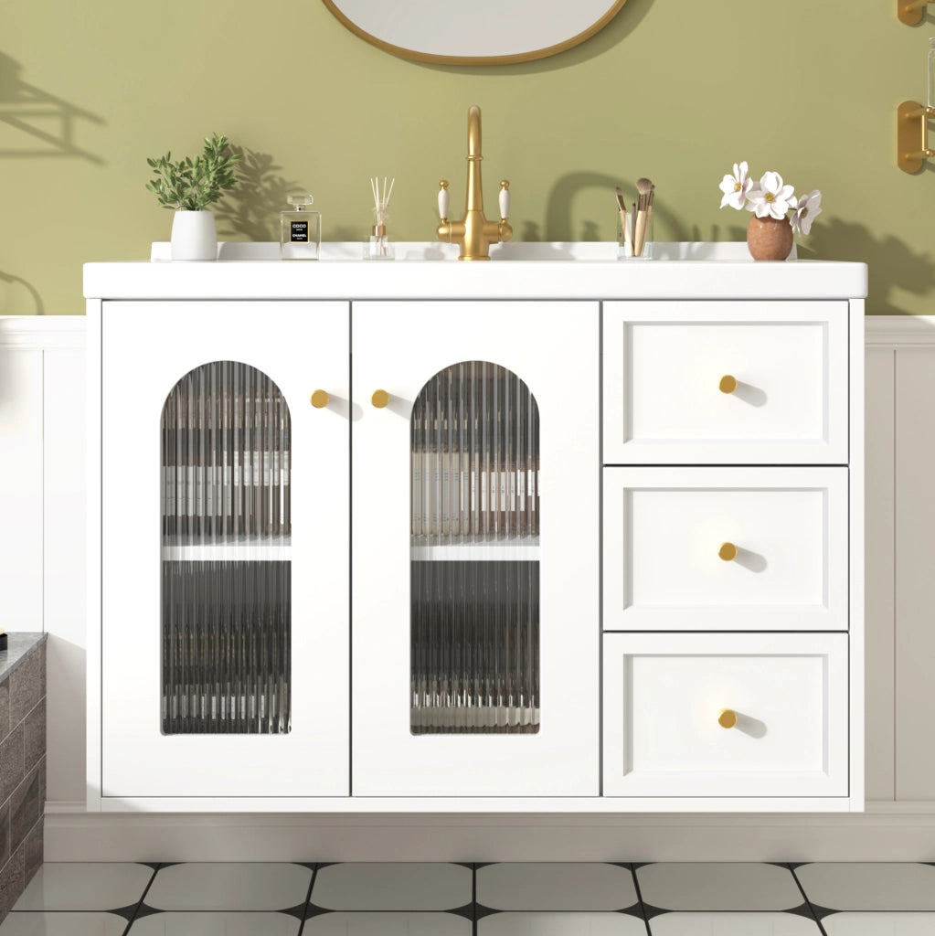 Mobile bagno sospeso 80 cm con lavabo in ceramica; 2 cassetti e ante in vetro; bianco