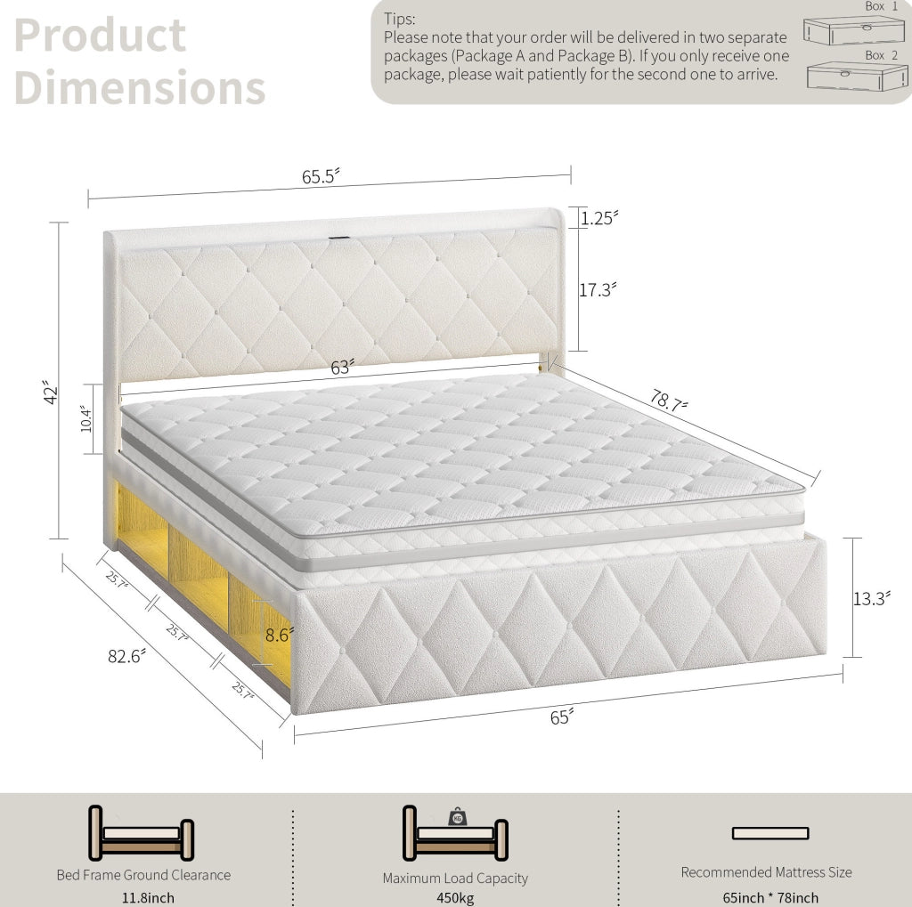 Letto matrimoniale 160x200 cm in teddy bianco con LED e USB