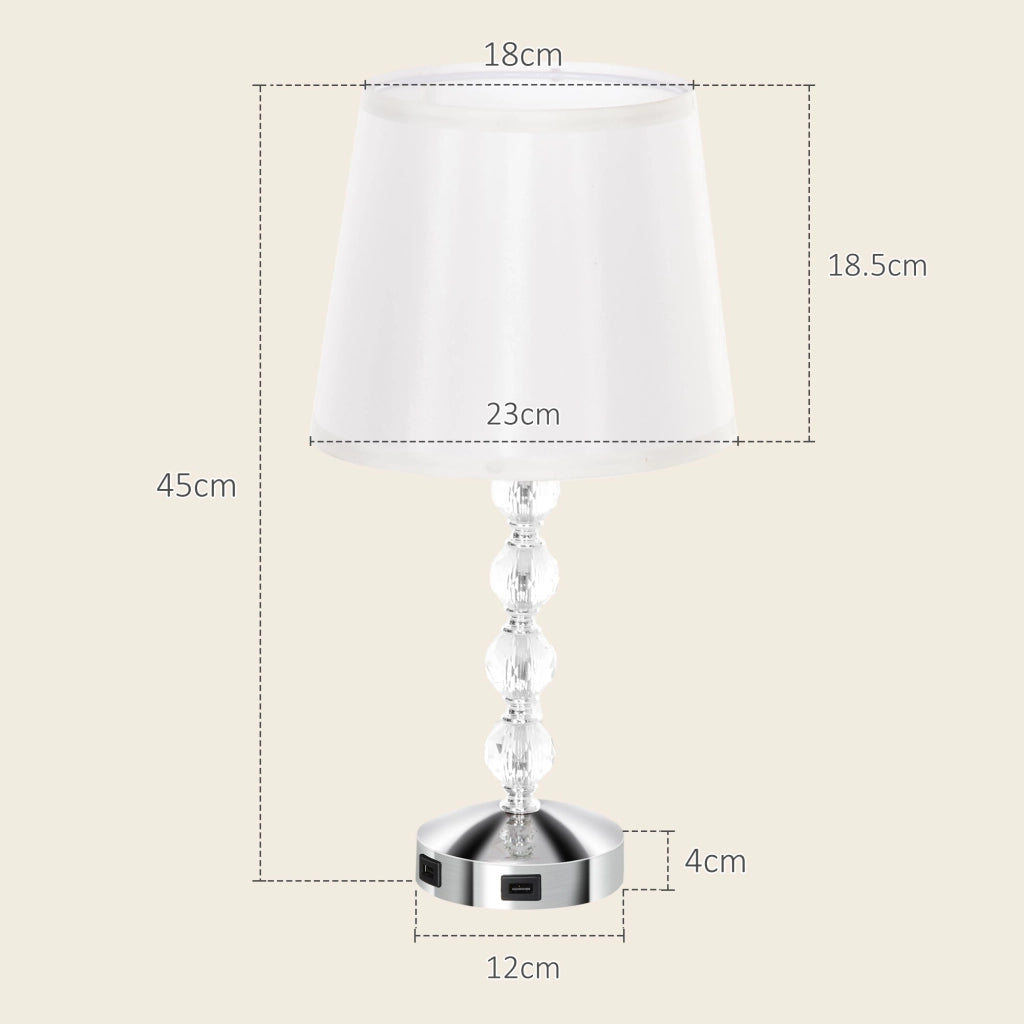 Lampada da Tavolo Base con Cristalli in Vetro con Porta USB Ø23x45 cm Bianco e Argento