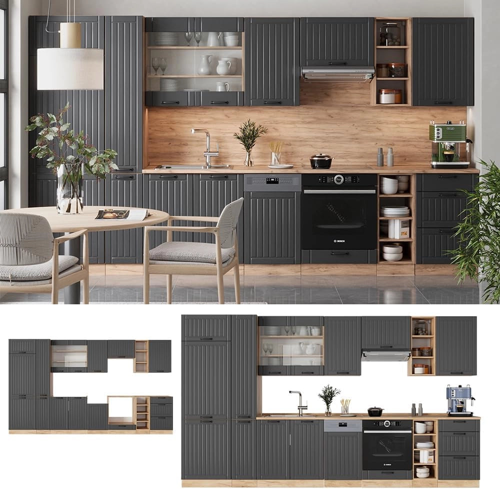 Cucina componibile Fame-Line, Grigio scuro, 355 cm senza piano di lavoro