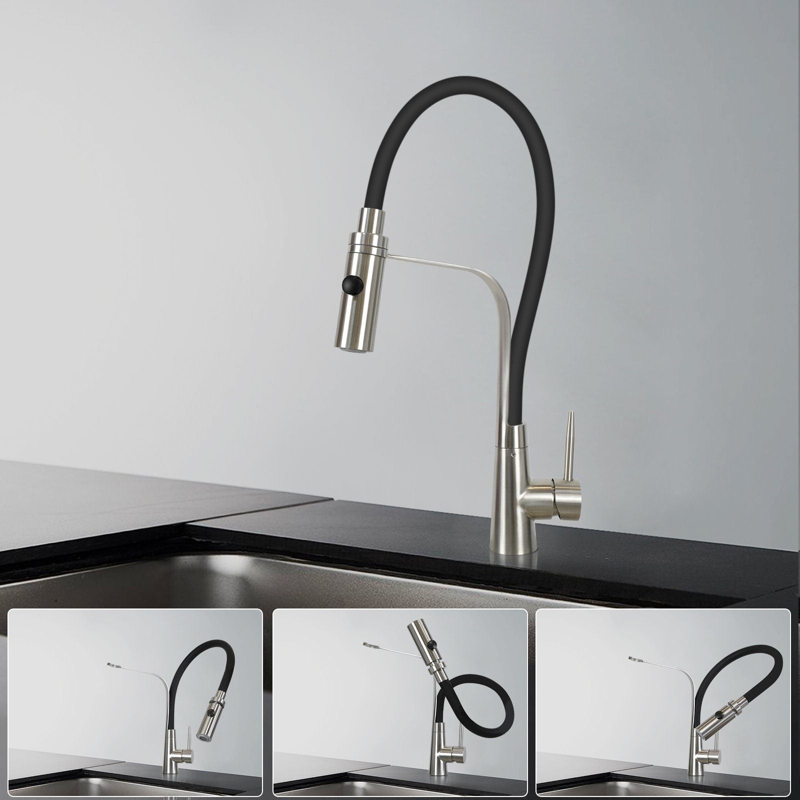 ZMH Rubinetto da cucina nero Rubinetti con doccetta da cucina girevole a 360°