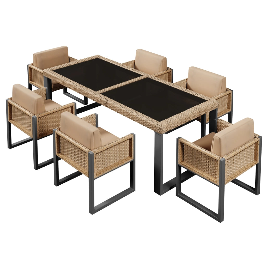 Tavolo e 6 Sedie da Giardino per 6 Persone; Cuscini con Rivestimento Sfoderabile; Rattan e Tessuto; Nero e Marrone