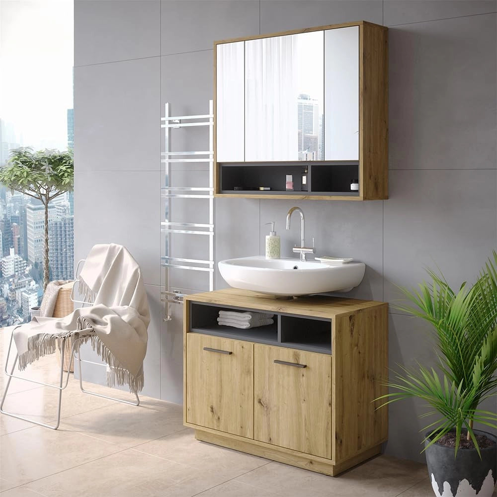 Specchio contenitore bagno Beatrice, Rovere artigianale/antracite, 80 x 72 cm, per montaggio a parete con ripiani aperti