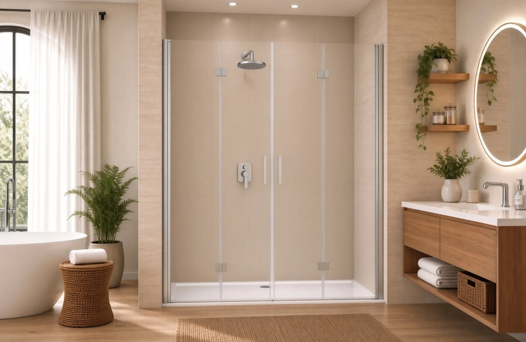 Box doccia nicchia 220 cm porta DUE BATTENTI SOFFIETTO H200 cm cristallo 6mm profilo CROMATO DINO