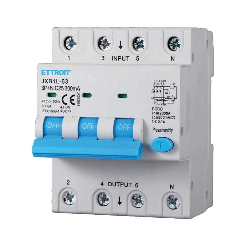 ETTROIT RCBO Interruttore Magnetotermico Differenziale Tipo A Curva C 3P+N 4M 6000A 300mA C25A AC 400V IP20 IEC61009-1