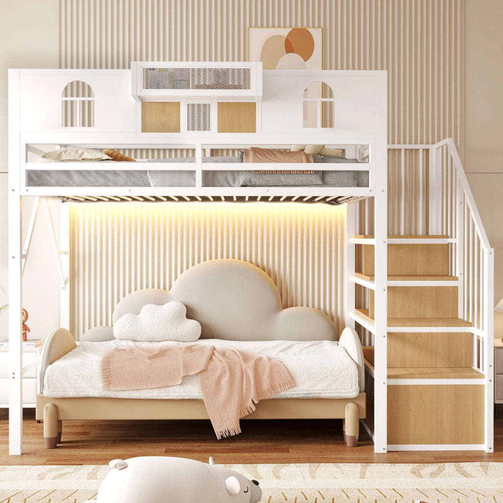 Letto a soppalco in metallo 90x200 cm con scala contenitore; mensola e luce; bianco