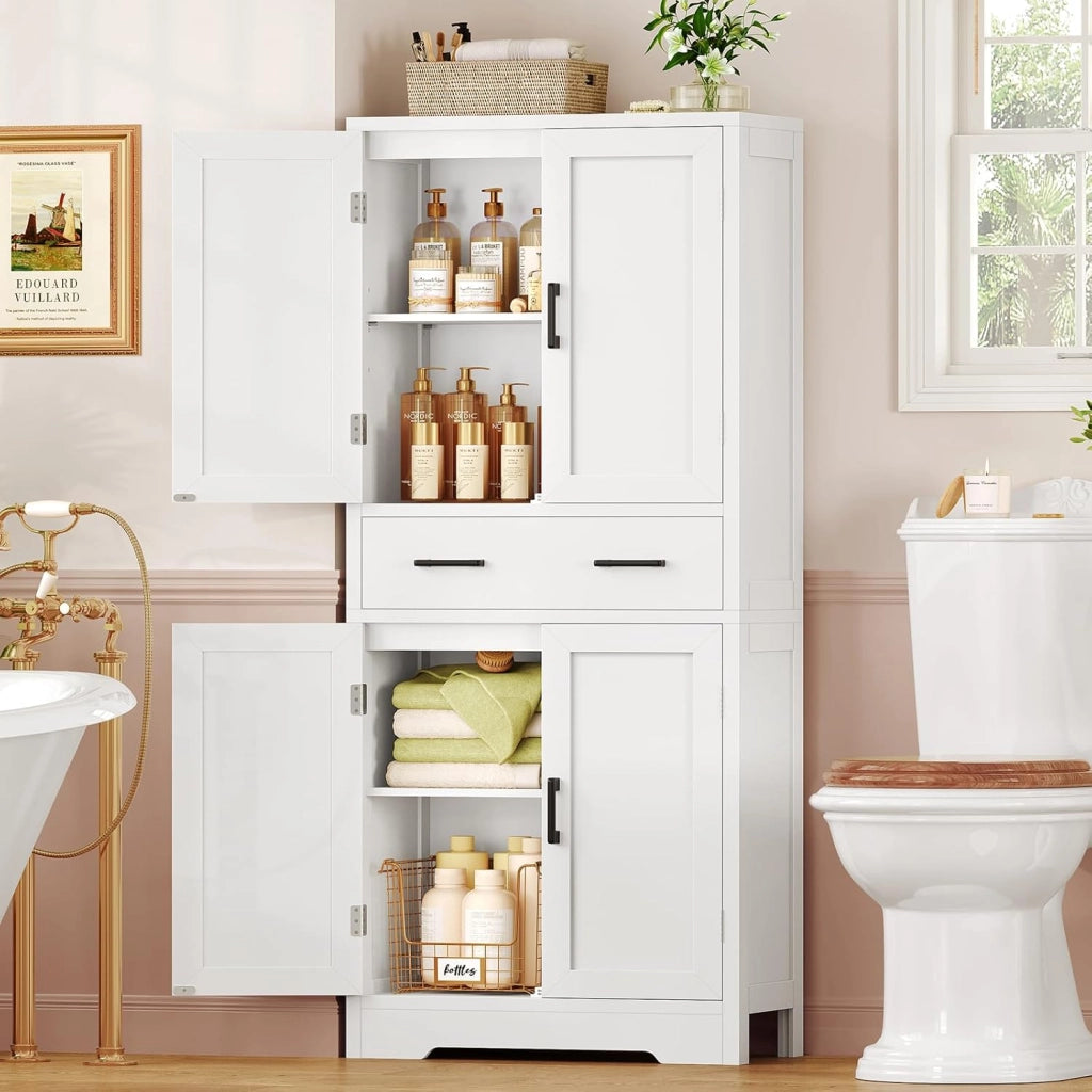 Mobile Bagno con 4 Porte e 1 Grande Cassetto, Mobiletto Bagno Salvaspazio con Ripiano Regolabile, Armadio Bagno – per Soggiorno, Cucina, Bianco, 60x30x148 cm