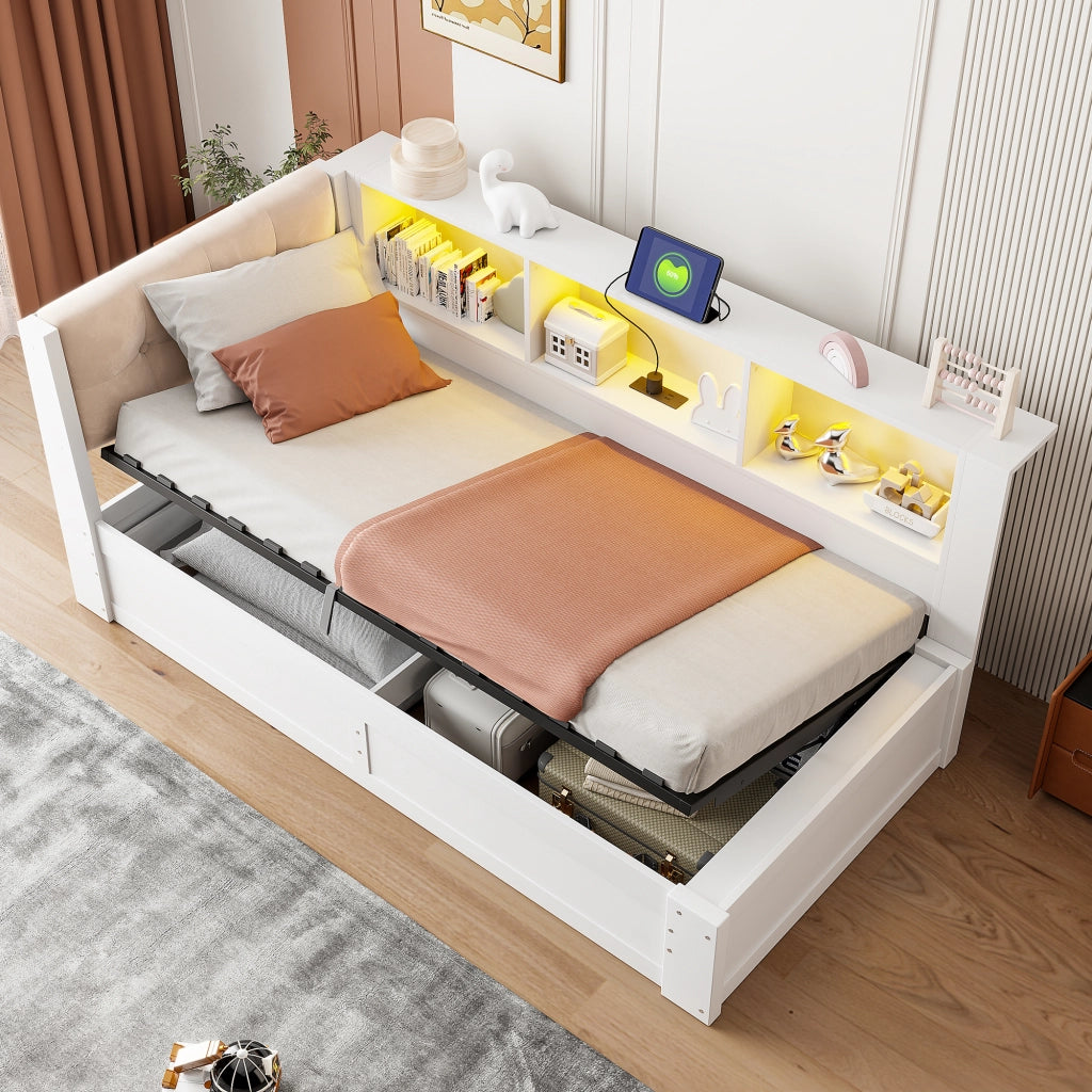 Daybed con contenitore idraulico, LED e USB, 90x200 cm, pino bianco