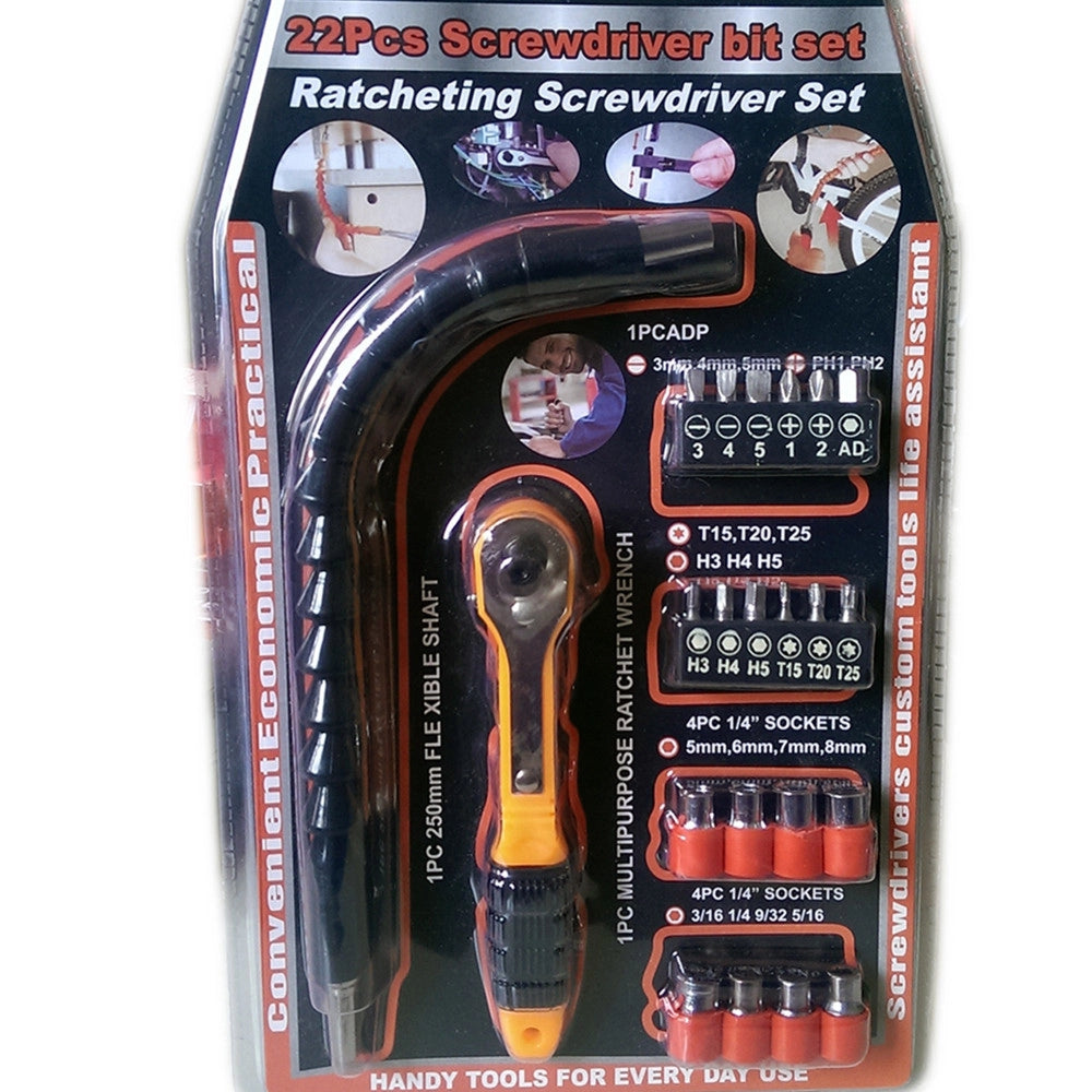 Trade Shop - Kit Set 22 Pz Torx Cacciaviti Punte Inserti Bussole Cricchetto E Flessibile -