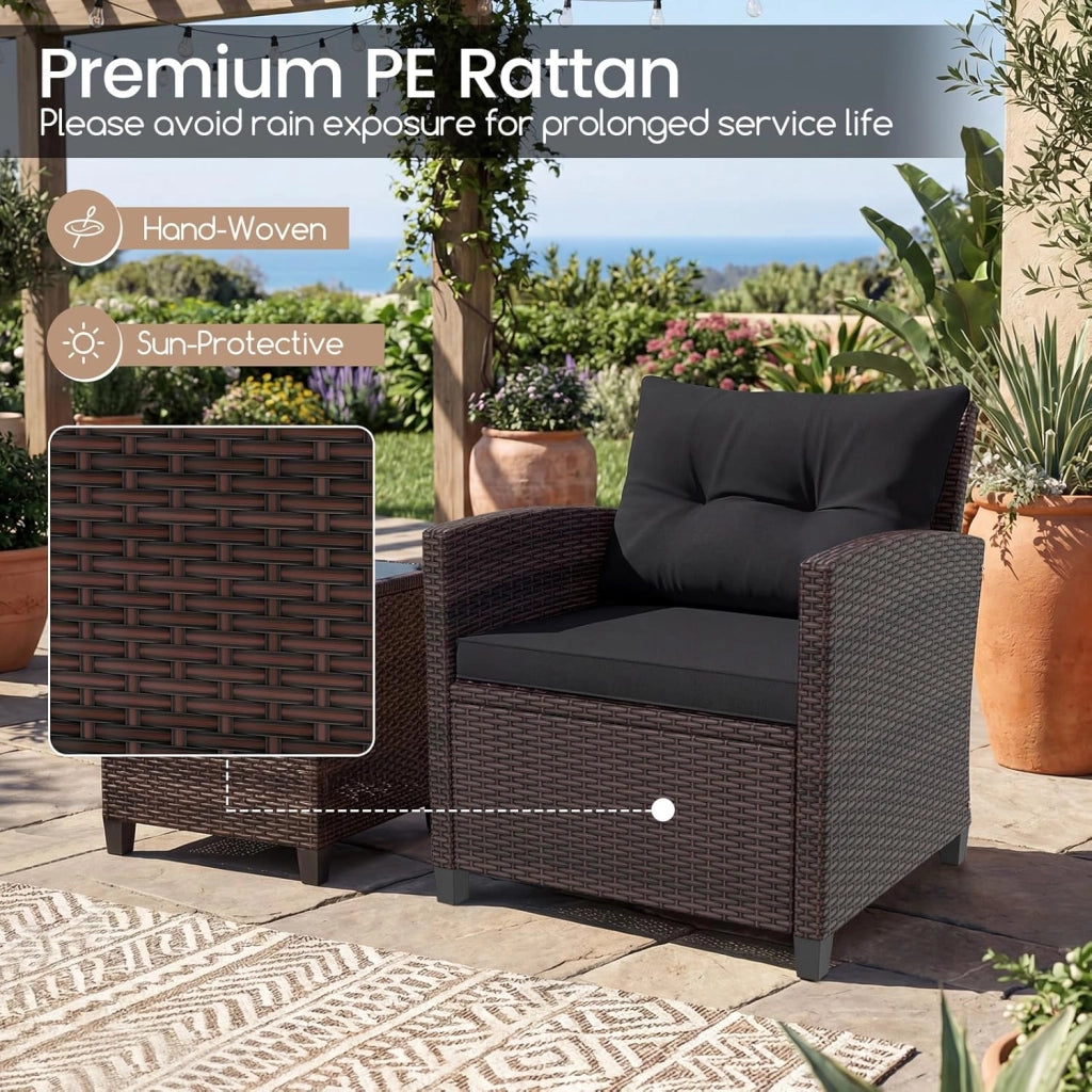 Set di Mobili da Giardino, in Rattan, 3 Pezzi Mobiletti, 1 Tavolino + 2 Poltrone, Salottino da Esterno, con Cuscini per Balcone, Giardino, Cortile, Terrazza, 3 Colori (Nero)