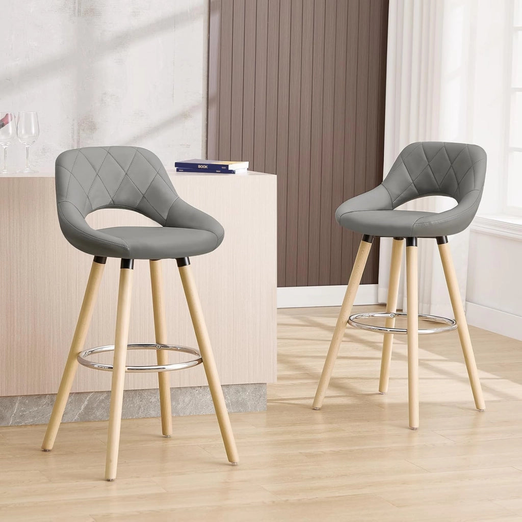 Sgabelli da Cucina Set di 6, Sgabello da Bar per Colazione, Sgabelli Alti con Poggiapiedi e Schienale, Sedile in Pelle Sintetica+Gambe in Legno, Grigio, BH111gr-6