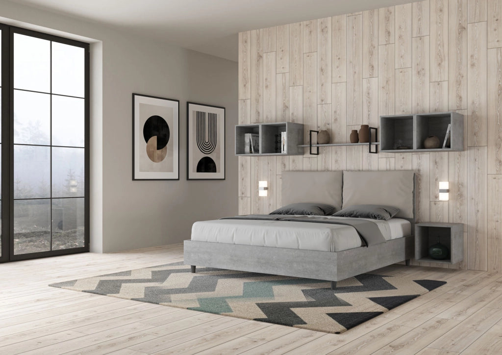 BS COM Letto matrimoniale contenitore doppia alzata 160x190 Cemento cuscini similpelle tortora