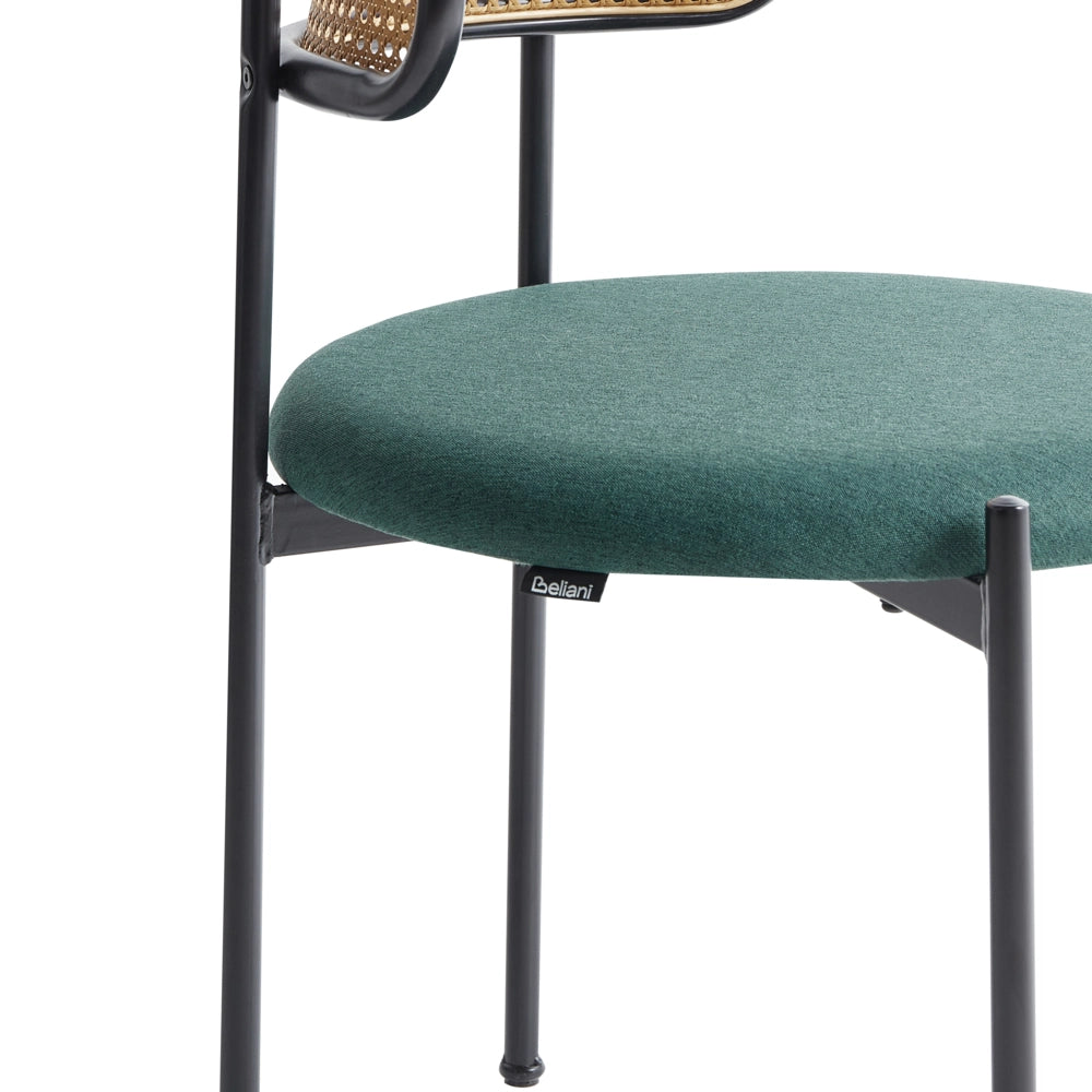 Set di 2 sedie da pranzo d'accento Struttura in metallo nero Seduta in tessuto verde Schienale a treccia viennese Seduta retrò