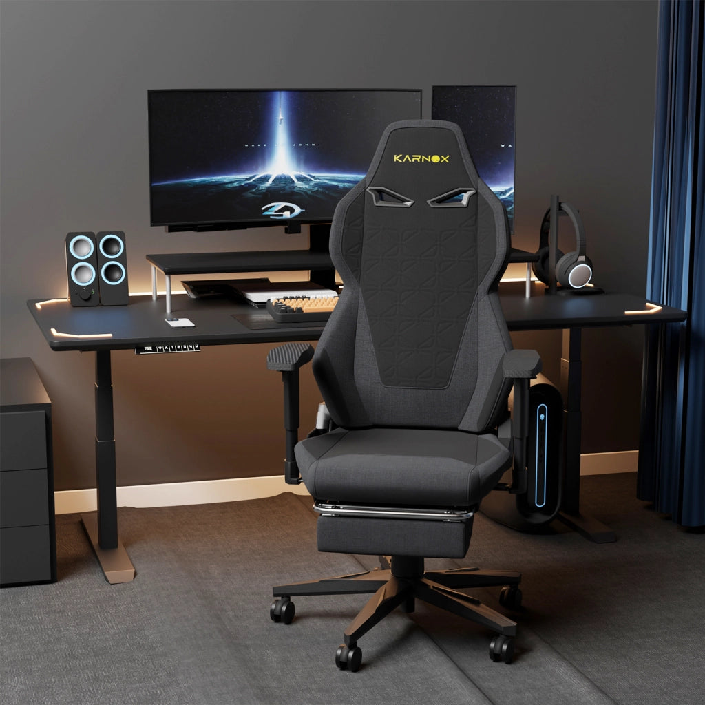 Poltrona Gaming Ergonomica con Poggiapiedi ¨C MINIMAL ¨C Tessuto, Schienale Alto, Nero e Grigio