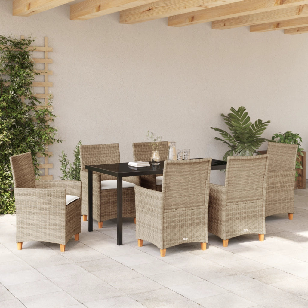 Set da Pranzo da Giardino da 7 Pezzi con Cuscini Beige Rattan Poliestere