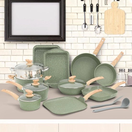 Set di Cottura Induttiva 17 pezzi con Coperture in Vetro e Rivestimento in Granito, inclusi Padelle e Pans (Verde 17 pezzi)