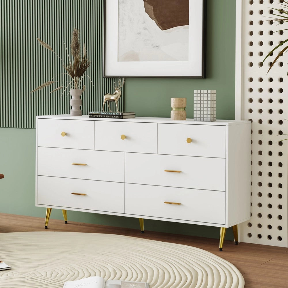 Credenza con Cassetti Bianca ¨C MINIMAL ¨C 7 cassetti, gambe e maniglie oro, 140x35x76 cm