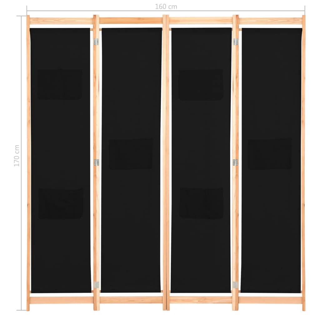 Parete divisoria divisorio mobile decorativo 4 pannelli nero 160x4 cm tessuto 0802092