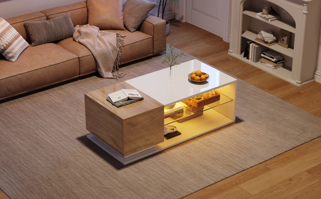 TAVOLO da caffè LED 105x50x36 cm Bianco/Rovere in pannello di legno e vetro