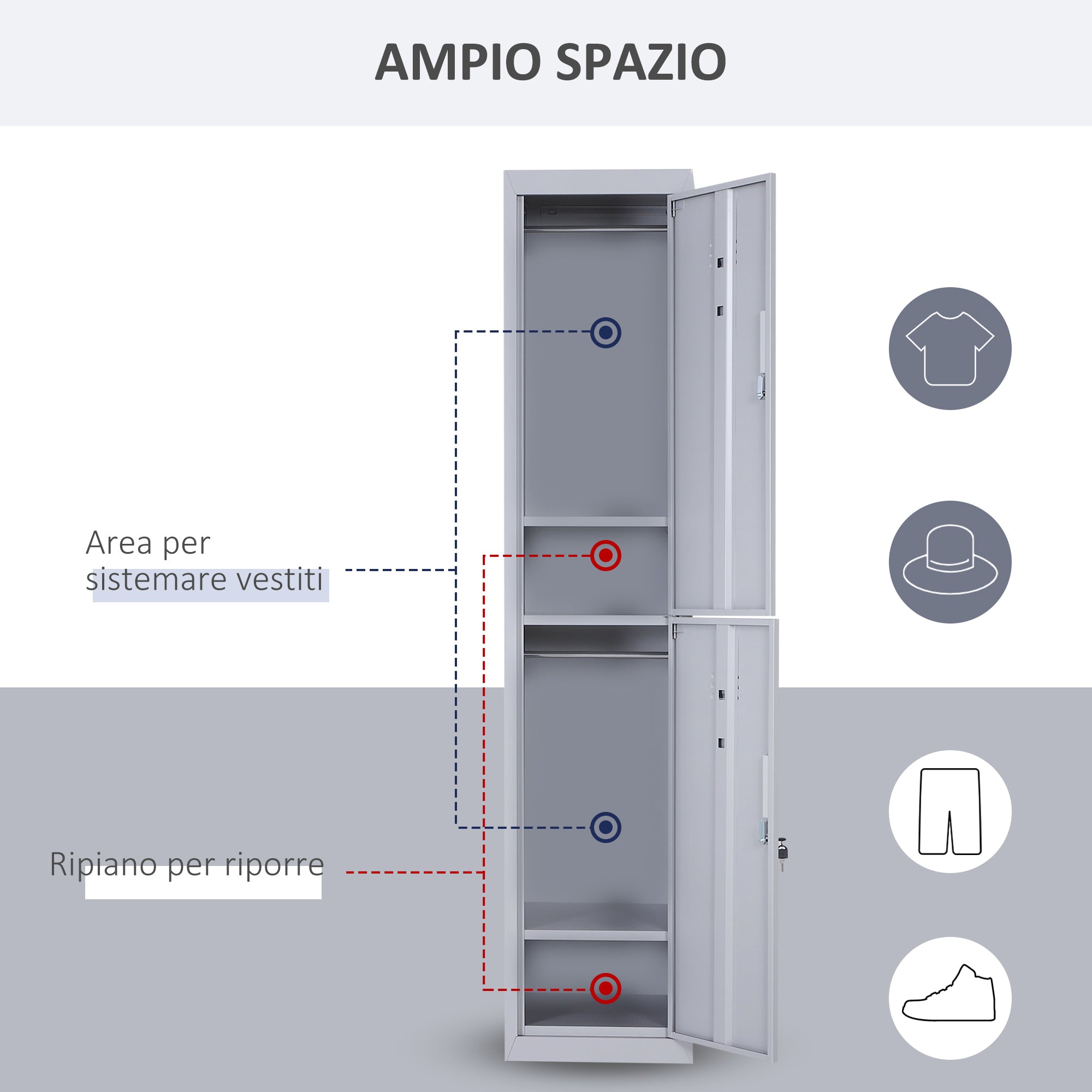 Armadietto Guardaroba in Acciaio 4 Ripiani 2 Porte con Chiusura di Sicurezza Grigio 38x46x180 cm