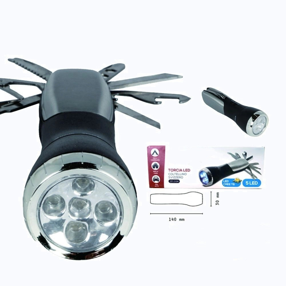 Trade Shop - Torcia Led Cree T6 5 Led Ricaricabile Con Coltellino Svizzero Campeggio Dt-2104 -