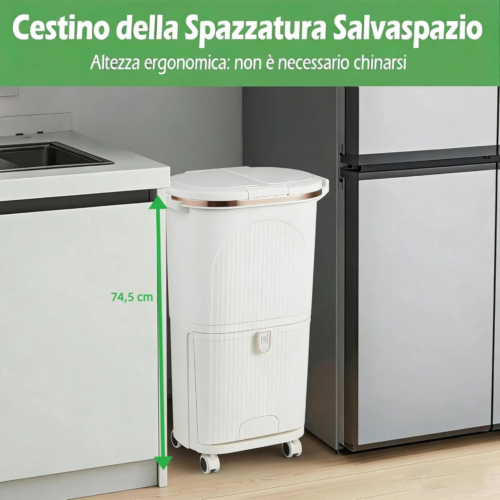38 L（12+12+14 L） Pattumiera Differenziata, Secchio Spazzatura a 3 Scomparti con Coperchi, 2 Secchi Rimovibili Pedale e Ruote, Bidoni Differenziata per Bagno Cucina Ufficio