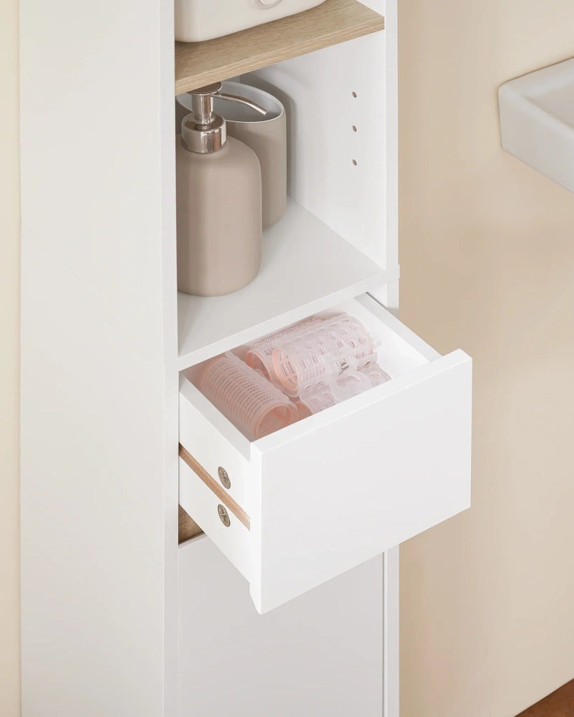 Armadio Colonna bagno, Mobile bagno alto con 2 Ante e 1 cassetto altezza: 180 cm Bianco-Naturale BZR34-WN