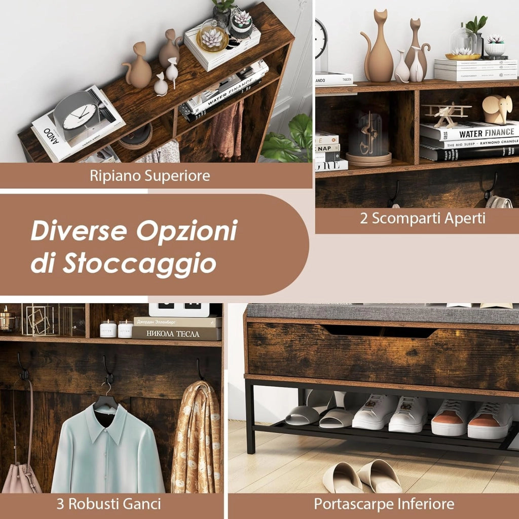4 in 1 Appendiabiti da Ingresso, Armadio con Appendiabiti Multifunzionale, con Panca Cuscino e Ganci, Panchina per Ingresso, 90 x 38,5 x 170 cm (Marrone)