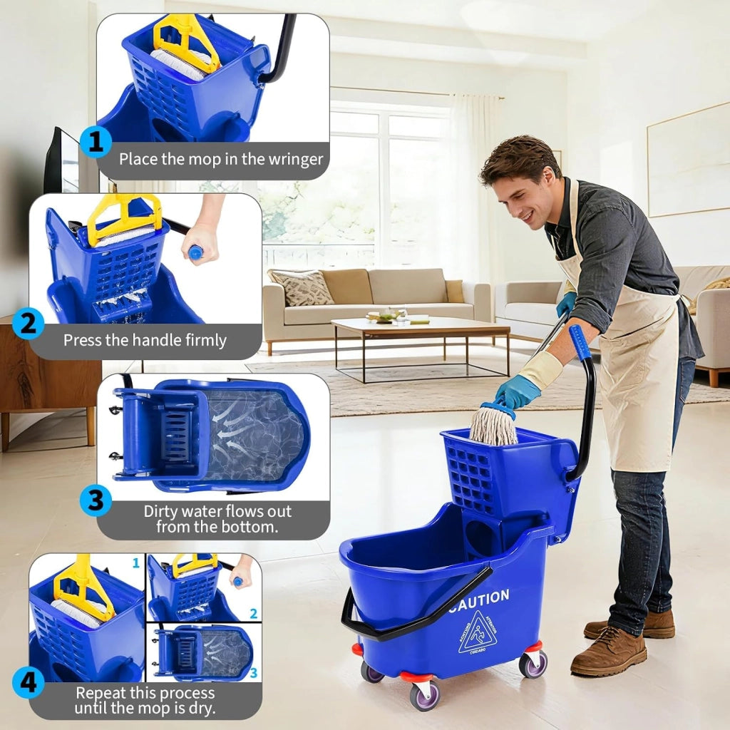 Secchio per mocio professionale da 32 litri con strizzatore laterale; doppio scomparto; ruote e maniglia  C Ideale per la pulizia di locali commercia