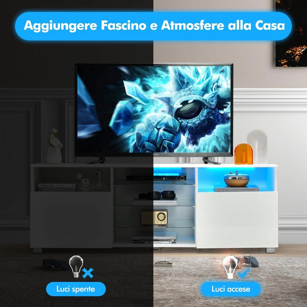 Mobile Porta TV con Luci, Mobile TV per Televisione Fino a 65", Tavolino Multifunzionale da Soggiorno, con Ripiani in Vetro Regolabili, Mobiletto Porta TV a 2 Porte, 146 x 35 x 53 cm