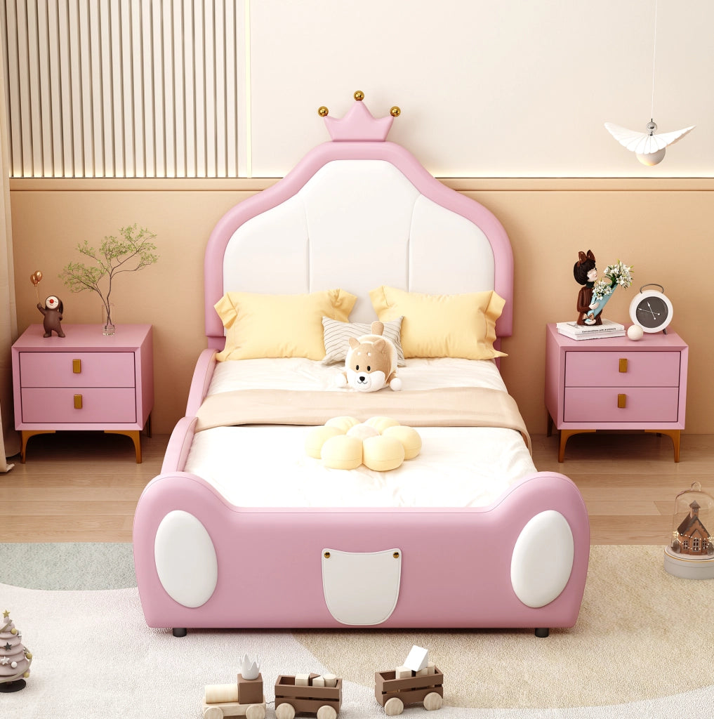 Letto imbottito per bambini 90x200 cm in similpelle rosa e bianco con testiera decorata a coronamento