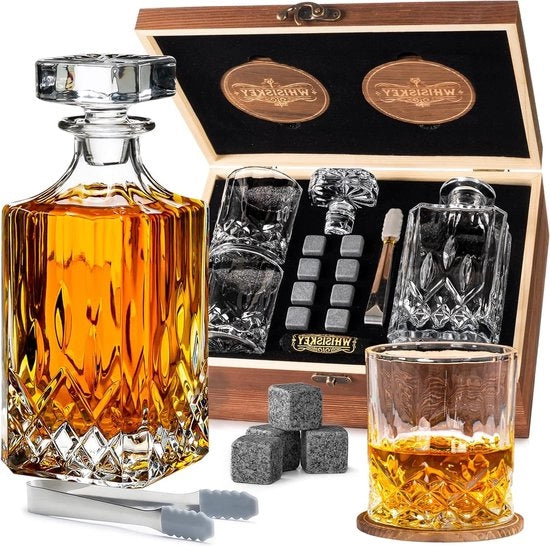 Set di Decantazione per Whisky 700ml - Set di Decantazione in Stile Classico - Decantatore di Whisky - Regalo per Uomo - 8 Pietre per Whisky - 2 Calici per Whisky da 310ML & Accessori Extra