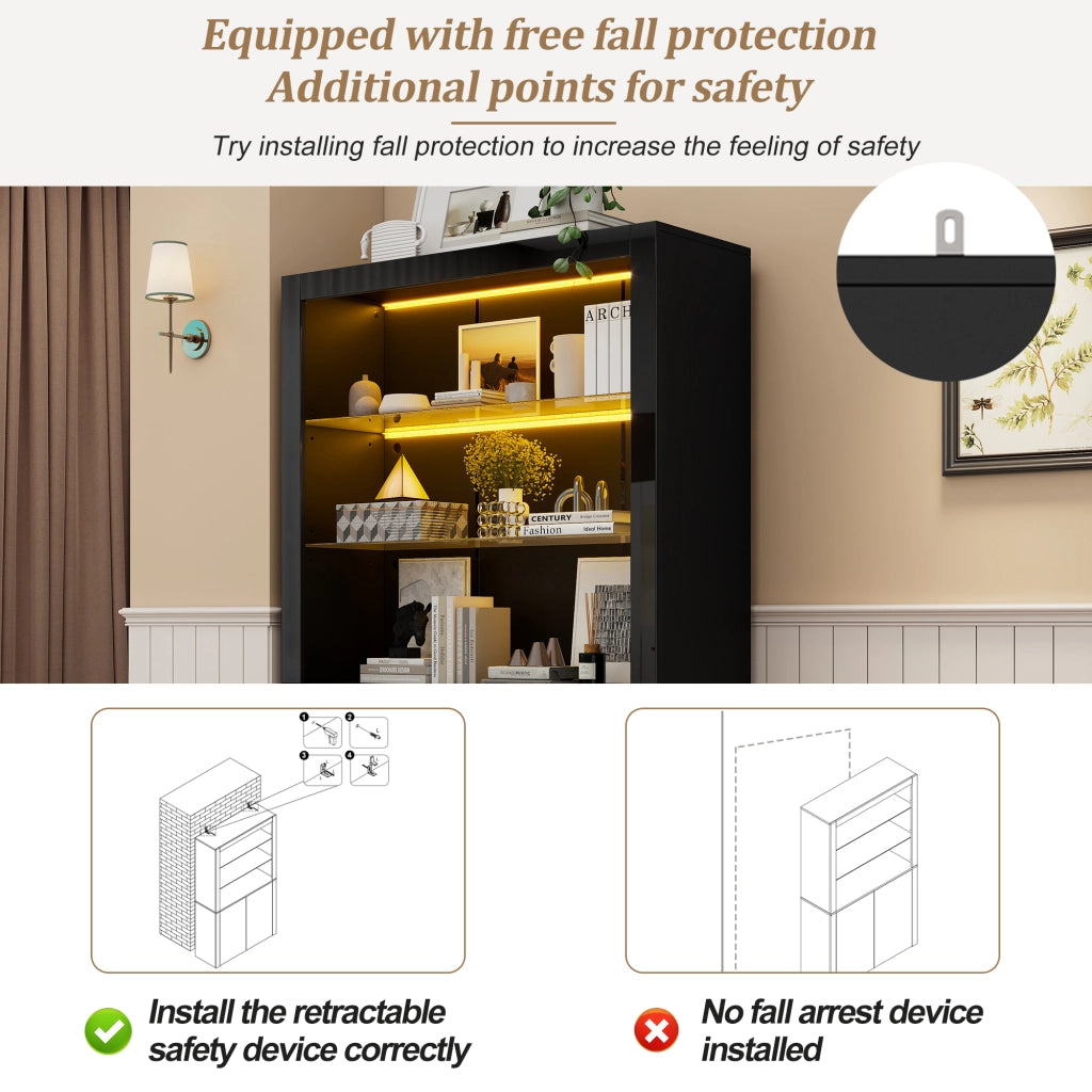 Vetrina con LED e 2 ante, 2 vani contenitore, per soggiorno, in MDF, truciolare e vetro, nera, 100 × 35 × 170 cm