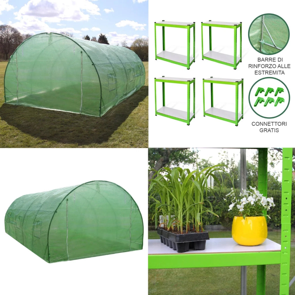 Serra da Giardino a Tunnel da Esterno in Polietilene Resistente alla Corrosione e Raggi UV Telaio in Ferro Galvanizzato per Piante Giardinaggio - 25mm - 6m x 3m & Scaffali