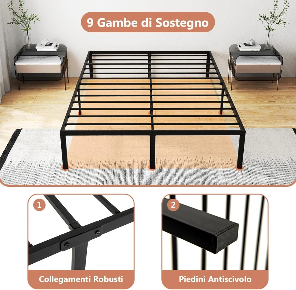 COSTWAY Struttura Letto Matrimoniale in Ferro 160 x 200 cm, Telaio Letto con 9 Piedini Anriscivolo, Supporto di Doghe Resistenti Capacità di 300 kg, con Spazio Sotto il Letto