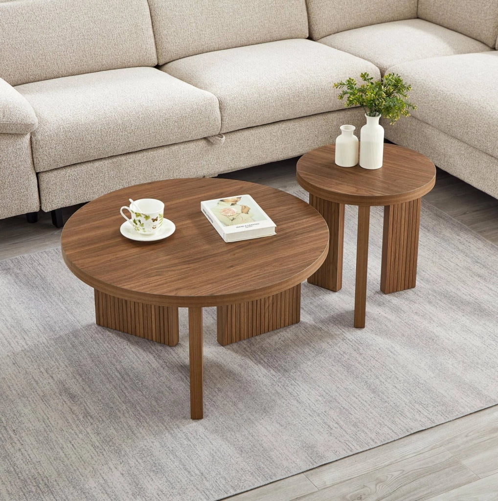 Tavolino rotondo in MDF marrone noce con gambe scanalate