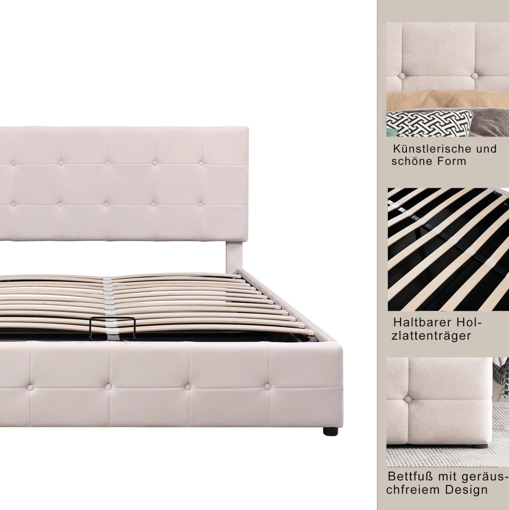 Letto matrimoniale imbottito 140x200 cm con contenitore idraulico; velluto crema